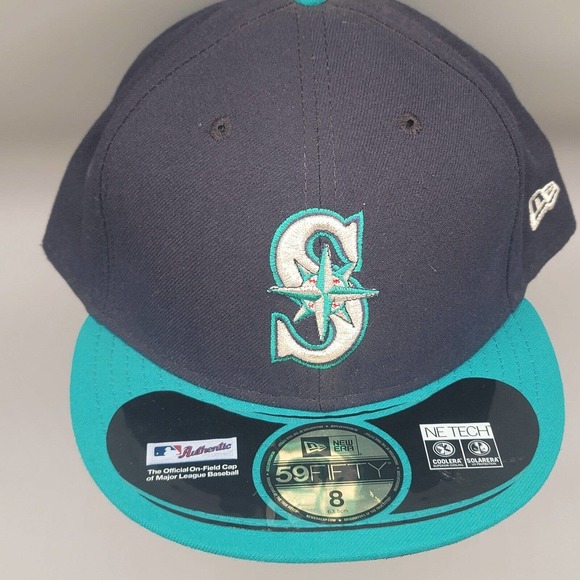 Seattle Mariners Navy Green Fitted Hat MLB New Era 59Fifty Cap Size 8 NE TECH - Picture 4 of 13